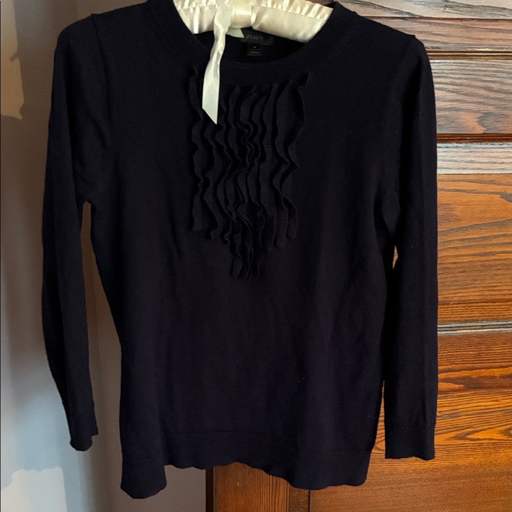 J. Crew Navy Long-Sleeve Ruffle Front Knit Top